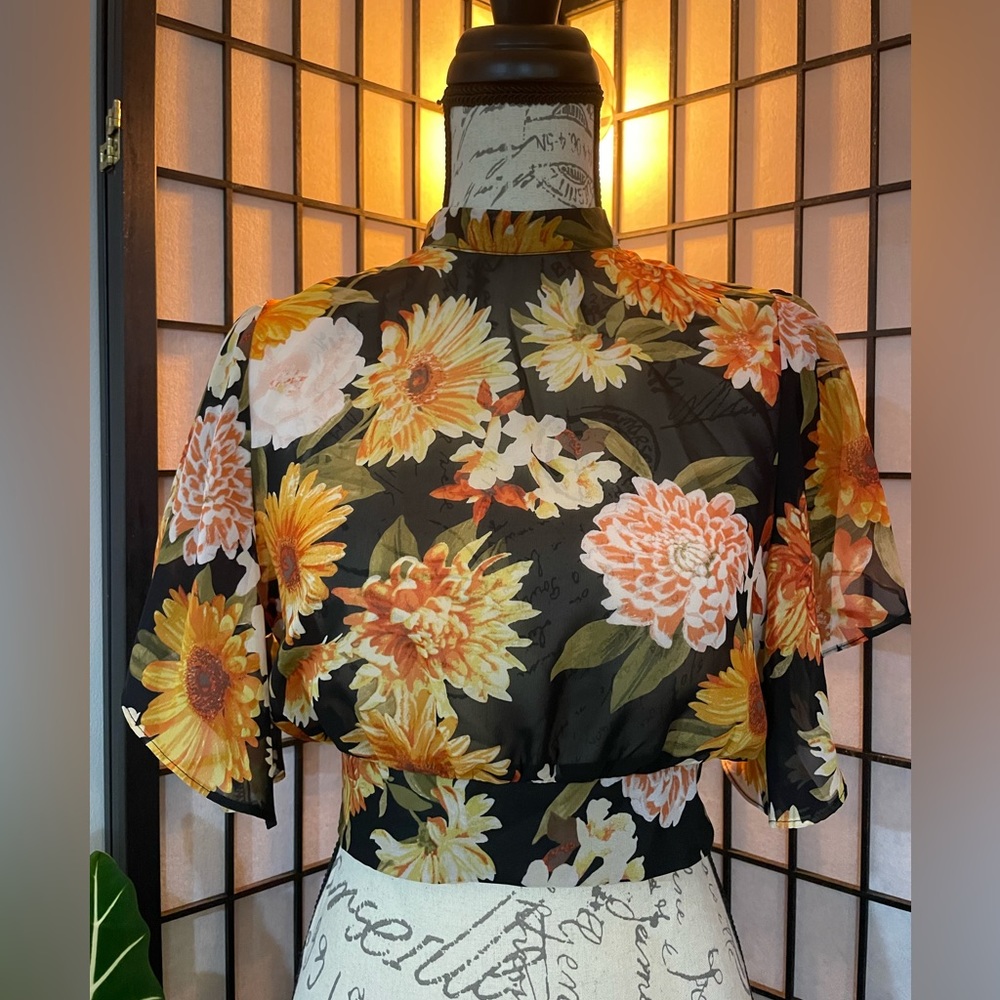 Sheer Floral Short-Sleeve Blouse, Open-back, tie-closure, mock neck—Small